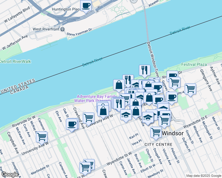 map of restaurants, bars, coffee shops, grocery stores, and more near Riverfront Trail in Windsor