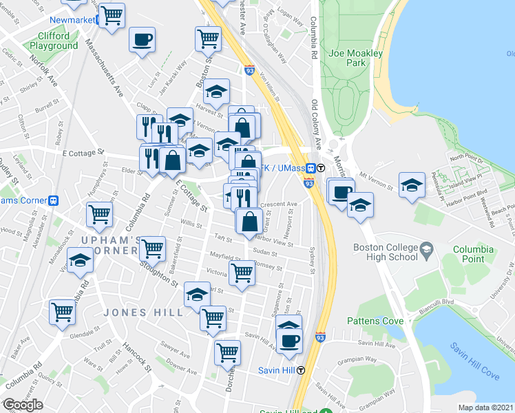 map of restaurants, bars, coffee shops, grocery stores, and more near Buttonwood Street & Crescent Avenue in Boston