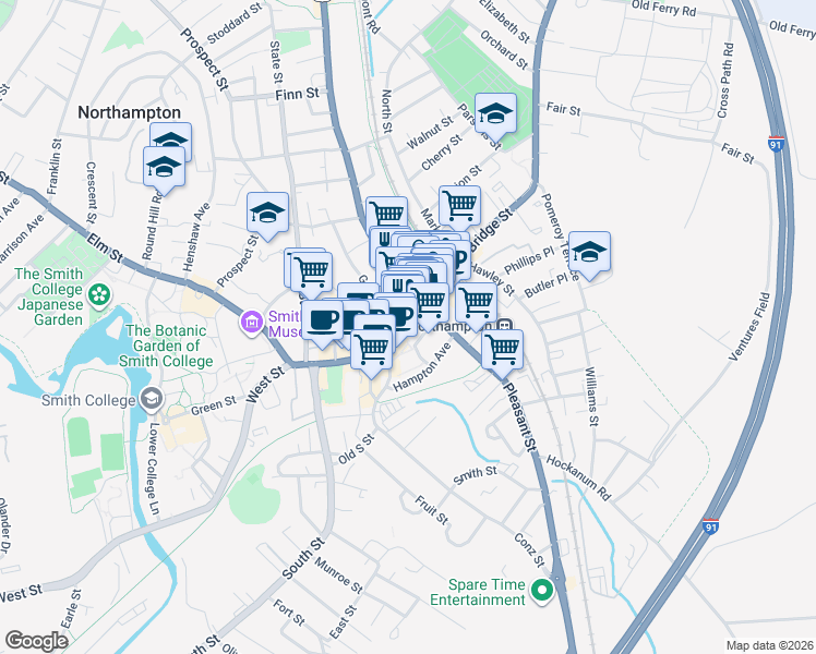 map of restaurants, bars, coffee shops, grocery stores, and more near 78 Massachusetts 9 in Northampton