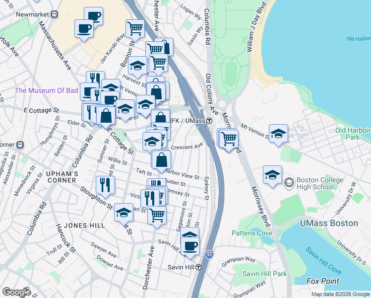map of restaurants, bars, coffee shops, grocery stores, and more near 45 Crescent Avenue in Boston
