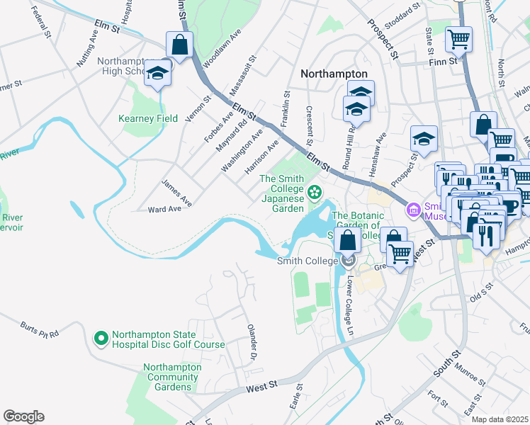 map of restaurants, bars, coffee shops, grocery stores, and more near 65 Paradise Road in Northampton