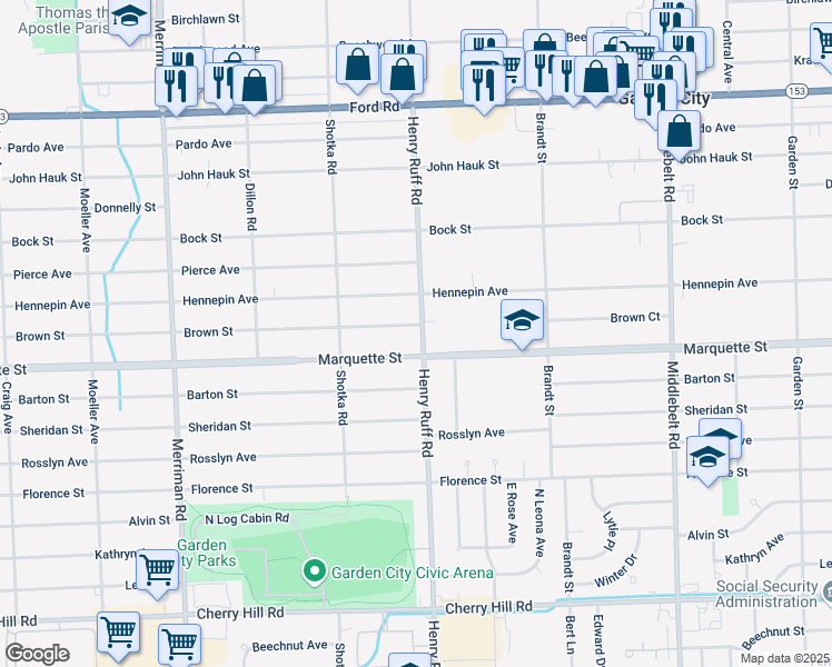 map of restaurants, bars, coffee shops, grocery stores, and more near 1232 Henry Ruff Road in Garden City