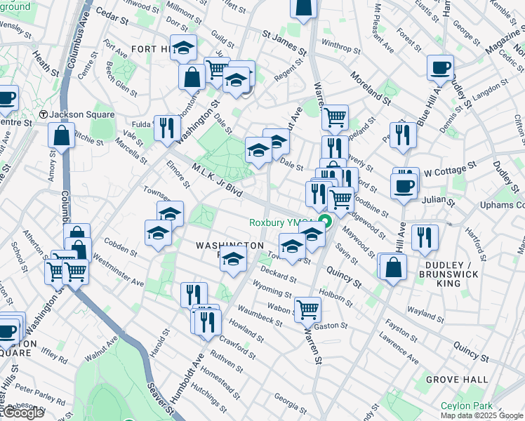 map of restaurants, bars, coffee shops, grocery stores, and more near 51 Humboldt Avenue in Boston