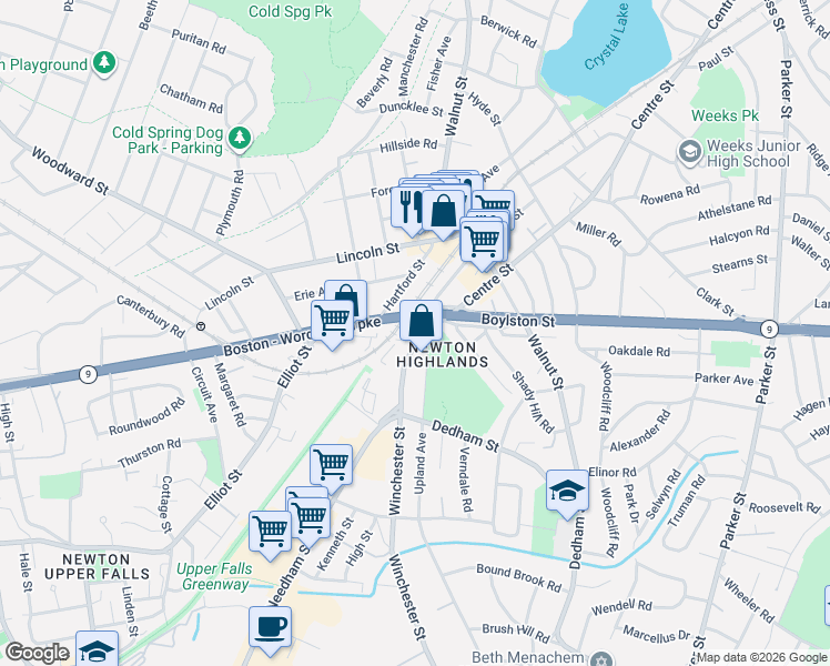 map of restaurants, bars, coffee shops, grocery stores, and more near 31 Winchester Street in Newton