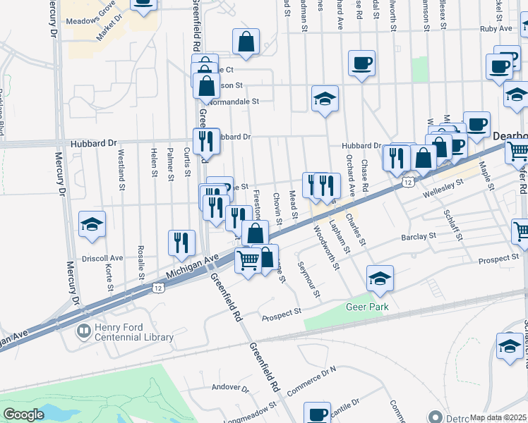 map of restaurants, bars, coffee shops, grocery stores, and more near 4636 Firestone Street in Dearborn