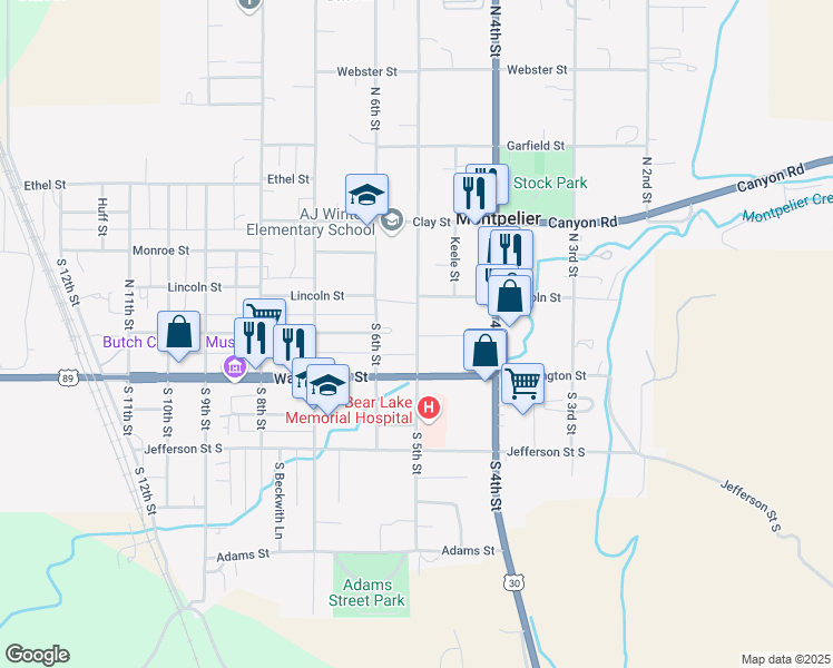map of restaurants, bars, coffee shops, grocery stores, and more near 155 North 5th Street in Montpelier