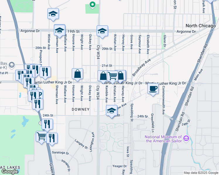 map of restaurants, bars, coffee shops, grocery stores, and more near 1900 Martin Luther King Junior Drive in North Chicago