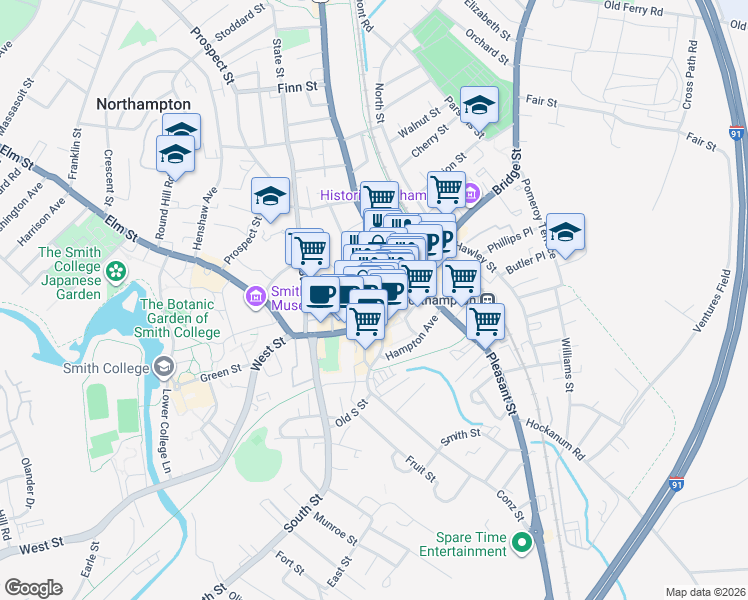 map of restaurants, bars, coffee shops, grocery stores, and more near 109 Main Street in Northampton
