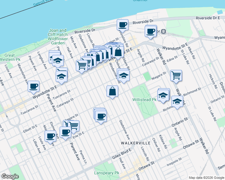 map of restaurants, bars, coffee shops, grocery stores, and more near 812 Lincoln Road in Windsor