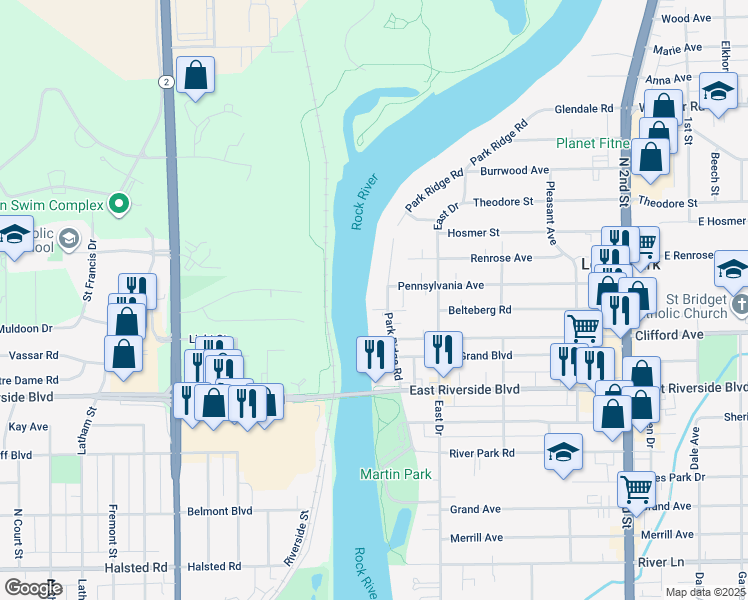 map of restaurants, bars, coffee shops, grocery stores, and more near 6202 Park Ridge Road in Loves Park