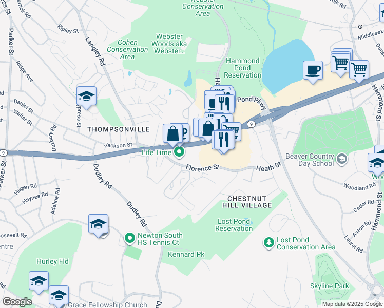 map of restaurants, bars, coffee shops, grocery stores, and more near 280 Boylston Street in Newton