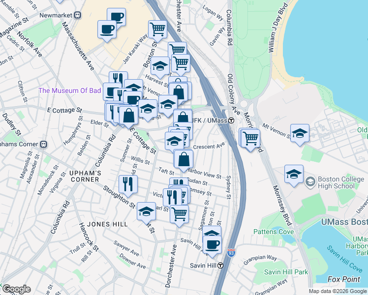 map of restaurants, bars, coffee shops, grocery stores, and more near 936 Dorchester Avenue in Boston