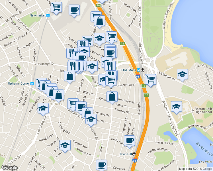 map of restaurants, bars, coffee shops, grocery stores, and more near 27 Edison Green in Boston