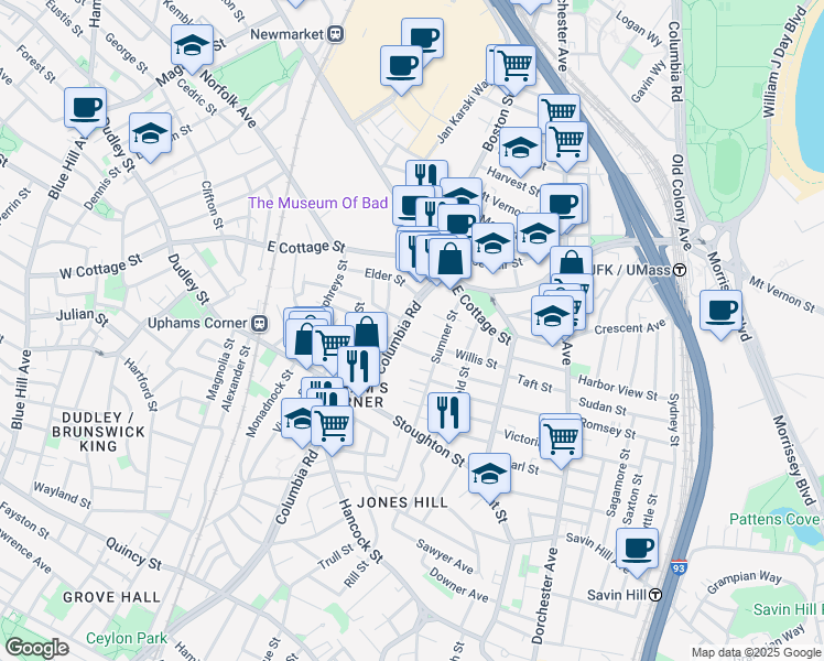 map of restaurants, bars, coffee shops, grocery stores, and more near 683 Columbia Road in Boston