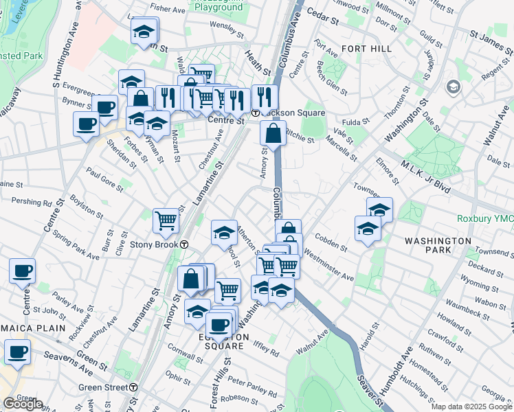map of restaurants, bars, coffee shops, grocery stores, and more near 112-114 Amory Street in Boston