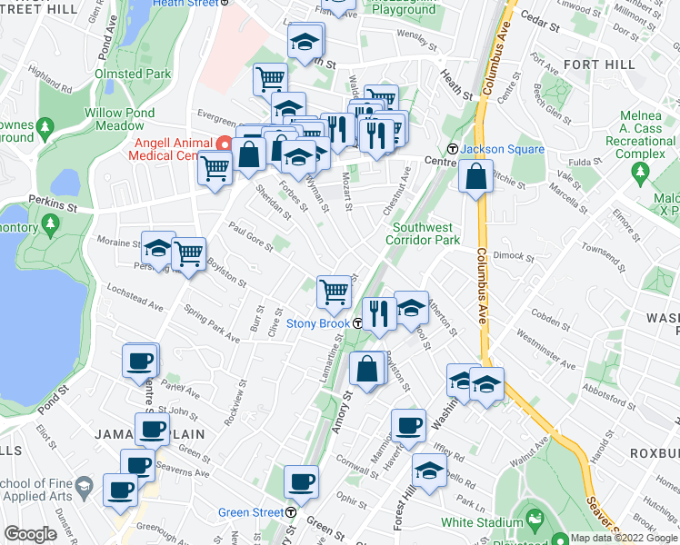map of restaurants, bars, coffee shops, grocery stores, and more near 99 Wyman Street in Boston