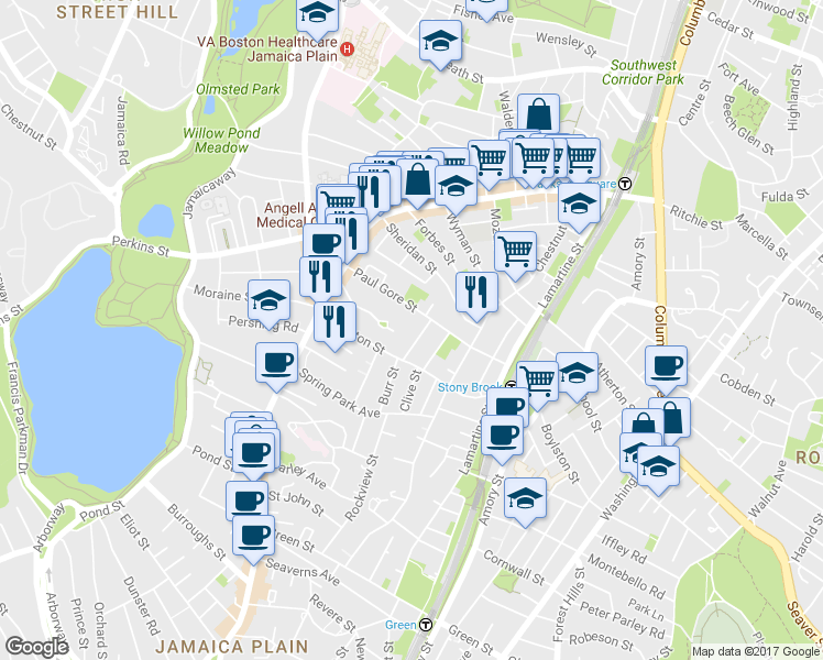 map of restaurants, bars, coffee shops, grocery stores, and more near 80 Paul Gore Street in Boston
