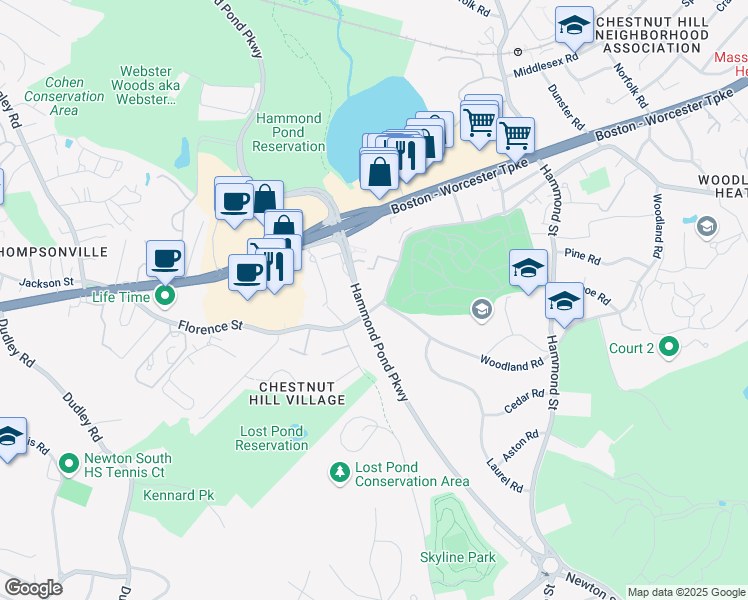 map of restaurants, bars, coffee shops, grocery stores, and more near 727 Heath Street in Brookline