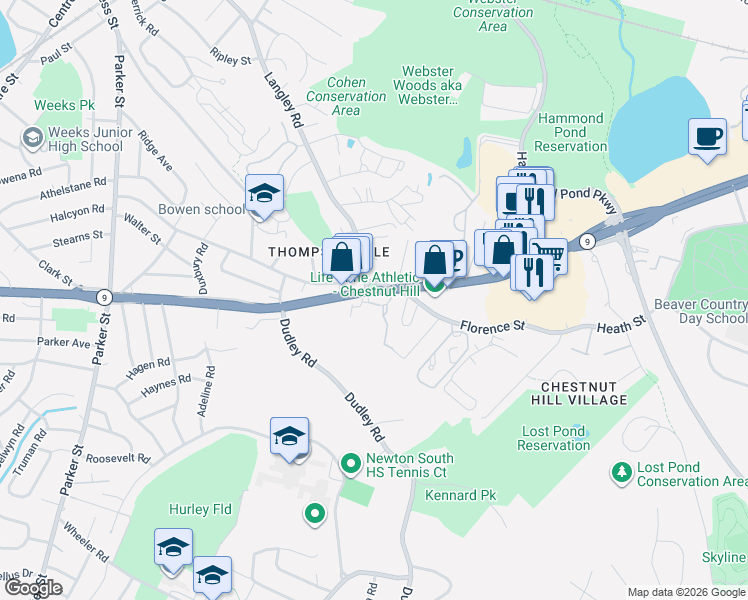 map of restaurants, bars, coffee shops, grocery stores, and more near 345 Boylston Street in Newton