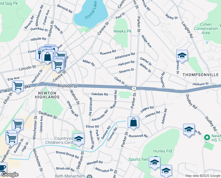 map of restaurants, bars, coffee shops, grocery stores, and more near 52294 Boylston Street in Newton