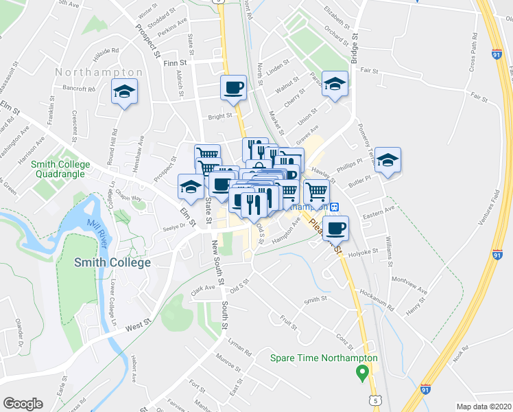 map of restaurants, bars, coffee shops, grocery stores, and more near 109 Main Street in Northampton
