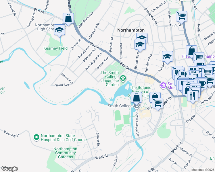 map of restaurants, bars, coffee shops, grocery stores, and more near 75 Dryads Green in Northampton
