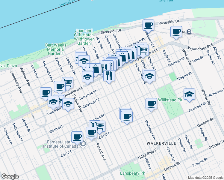 map of restaurants, bars, coffee shops, grocery stores, and more near in Windsor