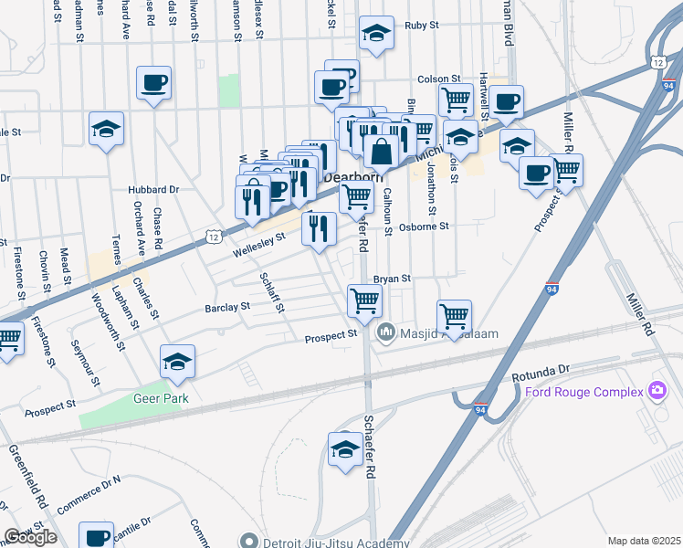 map of restaurants, bars, coffee shops, grocery stores, and more near 6 Georgetown Court in Dearborn
