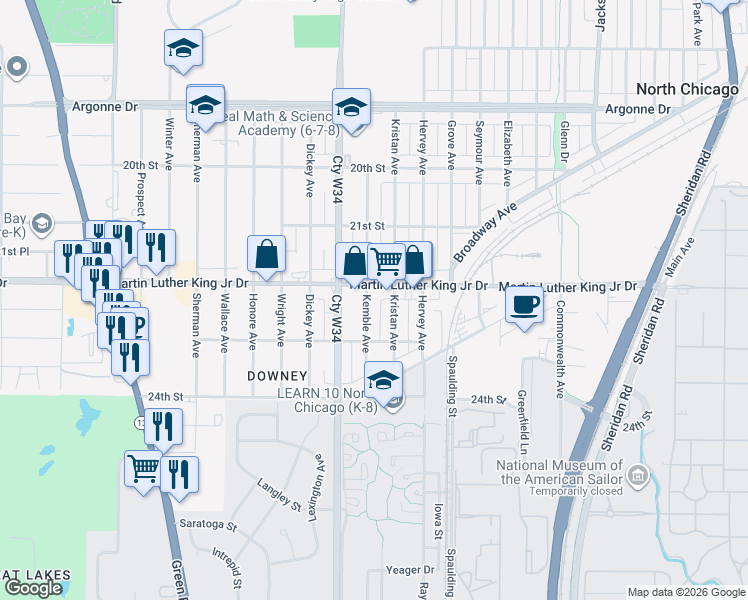 map of restaurants, bars, coffee shops, grocery stores, and more near 1900 Martin Luther King Junior Drive in North Chicago