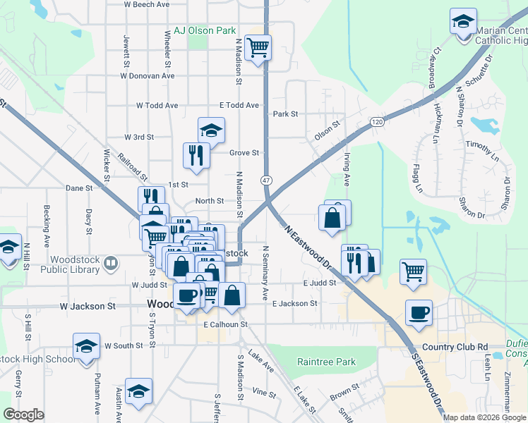map of restaurants, bars, coffee shops, grocery stores, and more near in Woodstock