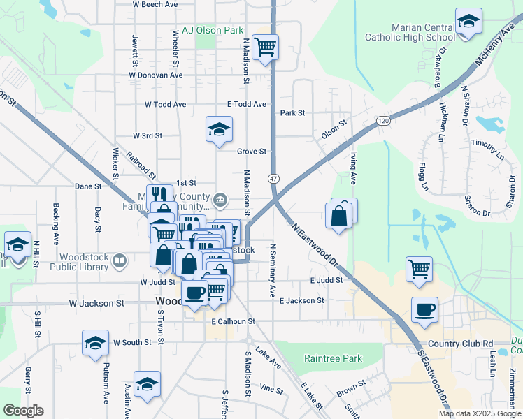 map of restaurants, bars, coffee shops, grocery stores, and more near 602 North Madison Street in Woodstock