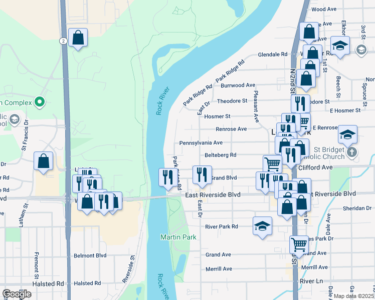 map of restaurants, bars, coffee shops, grocery stores, and more near 114 Pennsylvania Avenue in Loves Park