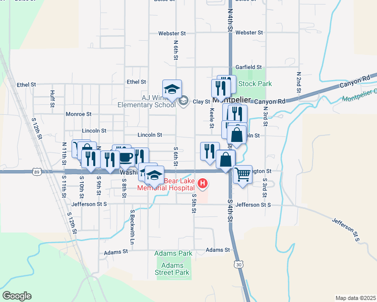 map of restaurants, bars, coffee shops, grocery stores, and more near 155 North 5th Street in Montpelier