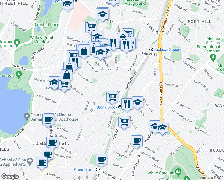map of restaurants, bars, coffee shops, grocery stores, and more near Chestnut Ave & Sheridan St in Boston