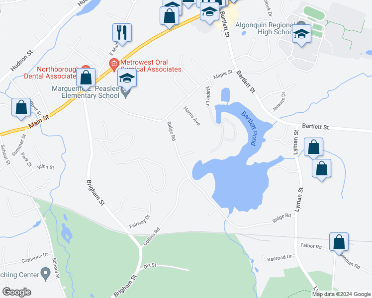 map of restaurants, bars, coffee shops, grocery stores, and more near 3 Danforth Drive in Northborough