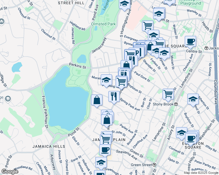 map of restaurants, bars, coffee shops, grocery stores, and more near 40 Pershing Road in Boston