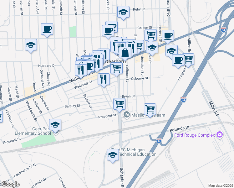 map of restaurants, bars, coffee shops, grocery stores, and more near 6 Georgetown Court in Dearborn