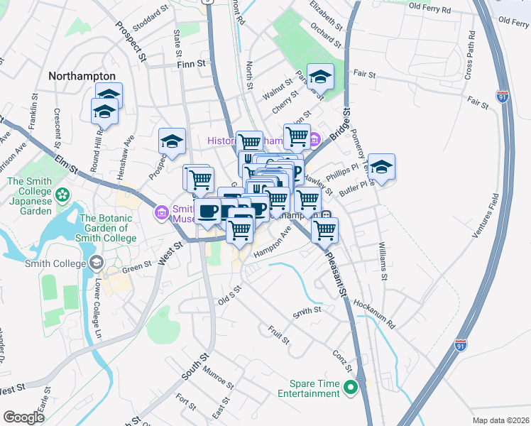 map of restaurants, bars, coffee shops, grocery stores, and more near 78 Massachusetts 9 in Northampton