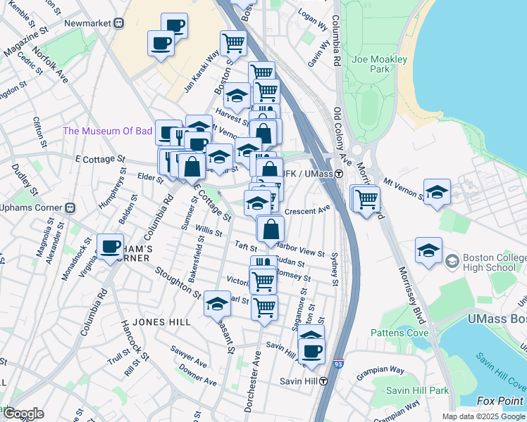 map of restaurants, bars, coffee shops, grocery stores, and more near 923 Dorchester Avenue in Boston