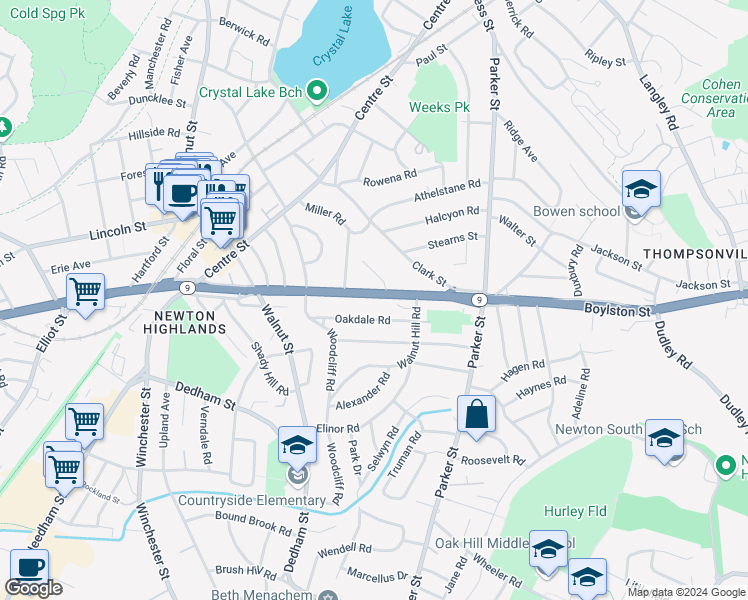 map of restaurants, bars, coffee shops, grocery stores, and more near 702 Boylston Street in Newton