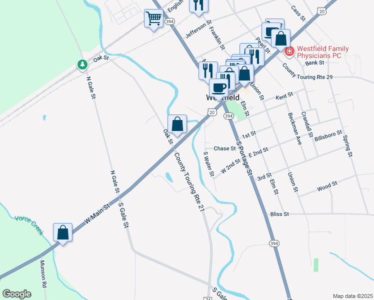 map of restaurants, bars, coffee shops, grocery stores, and more near 90 West Main Street in Westfield