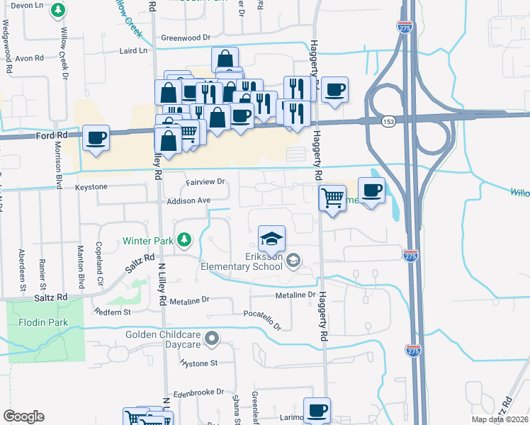 map of restaurants, bars, coffee shops, grocery stores, and more near 41729 Bedford Drive in Canton