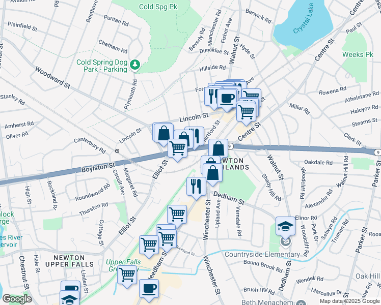 map of restaurants, bars, coffee shops, grocery stores, and more near 961 Boylston Street in Newton