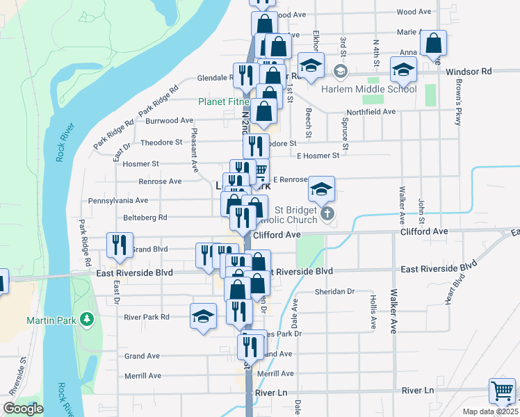 map of restaurants, bars, coffee shops, grocery stores, and more near 520 Hanna Court in Loves Park