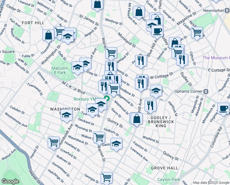 map of restaurants, bars, coffee shops, grocery stores, and more near 3 Edgewood Street in Boston