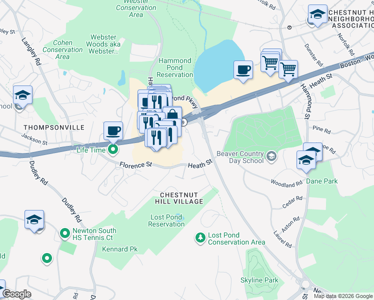 map of restaurants, bars, coffee shops, grocery stores, and more near 160 Boylston Street in Newton