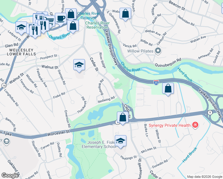 map of restaurants, bars, coffee shops, grocery stores, and more near 77 Cedar Street in Wellesley