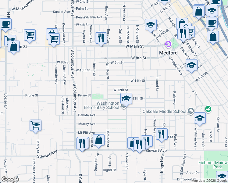 map of restaurants, bars, coffee shops, grocery stores, and more near 1040 West 12th Street in Medford