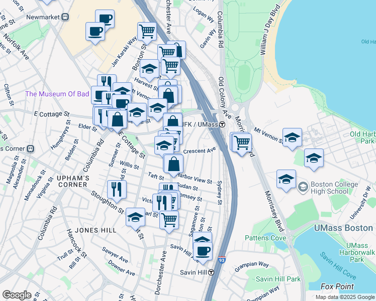 map of restaurants, bars, coffee shops, grocery stores, and more near 17 Moseley Street in Boston