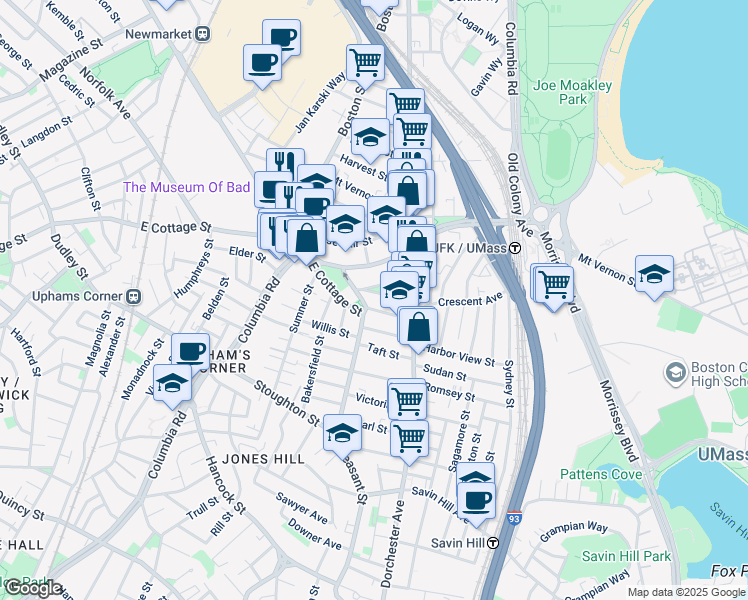 map of restaurants, bars, coffee shops, grocery stores, and more near 27 Edison Green in Boston